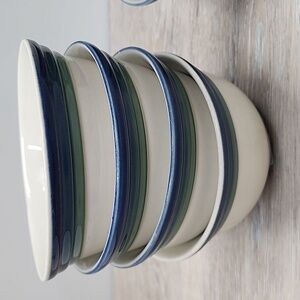 Rare Vintage Pfaltzgraff Stoneware Ocean Breeze Set of 7 Bowl Blue Green Band